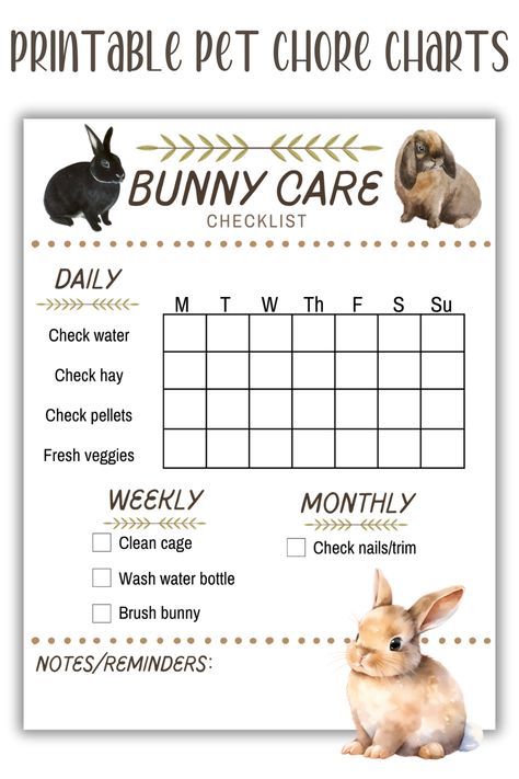 Printable Pet Chore Charts - Bunny Rabbits, Guinea Pigs and Chickens. Unlimited printing, digital download. Help kids, adults and petsitters care for pets. Includes daily, weekly and monthly chores. #chorecharts #petbunny #chickenchores Rabbit Printable, Bunny Schedule, Bunny Petting Chart, Bunny Breeds Chart, Rabbit Pedigree Chart Printable Free, Pet Care Chart, Rabbit Record Keeping, Bunny Supplies, Rabbit Behavior