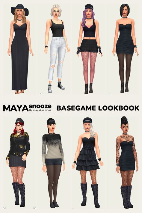 Basegame/  NOCC/ Mod-Free  Download on Patreon/ EA Gallery #MAYAsnooze Sims 4 Clothes Base Game, Basegame Sims Outfits, Sims 4 Base Game Outfits Ideas, Sims 4 Outfits, Sims4 Outfits, Outfit Ideas Goth, Sims4 Lookbook, Ts4 Lookbook, Studera Motivation