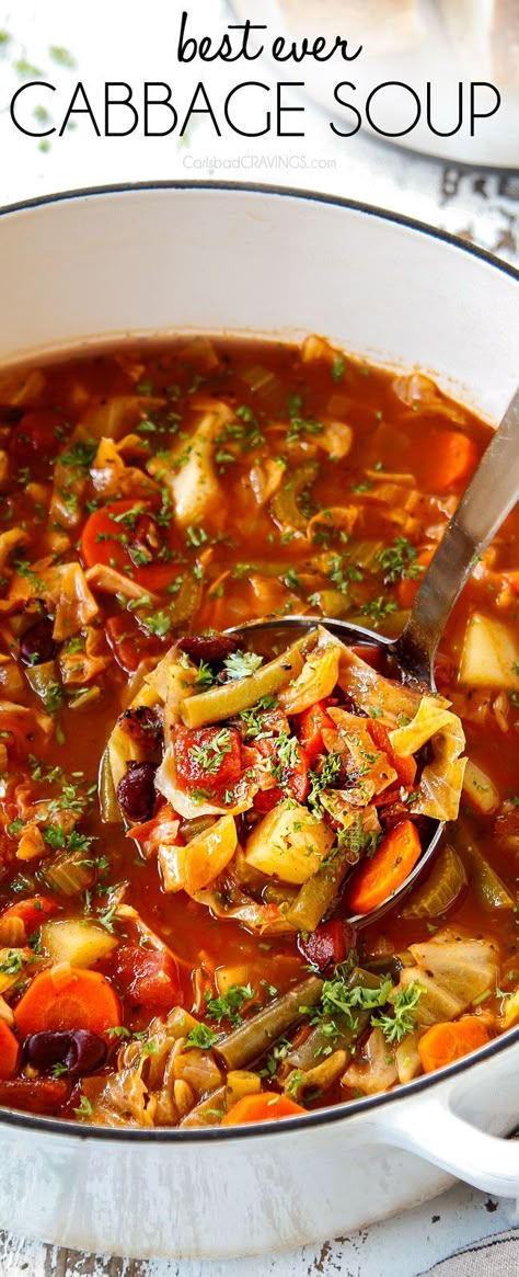 The BEST Cabbage Soup recipe loaded with nutritious veggies swimming in dynamic Italian spiced tomato broth.  It’s healthy, hearty, comforting, and extremely versatile with TONS of options in the post like how to add protein, pasta or rice.    #soup #souprecipes #souprecipeseasy #dinner #dinnerrecipes #dinnerideas #dinnerideas #recipe #recipeoftheday #recipeideas #recipesfordinner #easyrecipe #easydinner #Italianrecipes #healthyrecipes #vegetables #crockpot #slowcooker   via @carlsbadcraving Best Cabbage Soup Recipe, Best Cabbage Soup, Cabbage Soup Recipe, Carlsbad Cravings, Cabbage Soup Recipes, Diner Recept, Italian Spices, Cabbage Soup, Cabbage Recipes