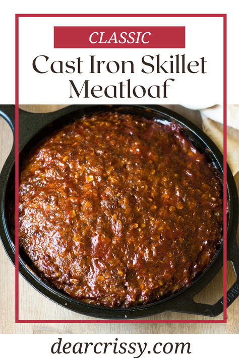 Our Classic Cast Iron Skillet Meatloaf is rich, juicy, and full of flavor. Made with ground beef, oats, and a tangy Worcestershire-ketchup blend, it's baked to perfection in a cast iron skillet. Topped with a sweet brown sugar glaze, this meatloaf is a satisfying and nostalgic dish that never disappoints. Iron Skillet Meatloaf, Meatloaf In Cast Iron Skillet, Cast Iron Skillet Meatloaf, Cast Iron Meatloaf, Easy Cast Iron Skillet Recipes, Skillet Meatloaf, Sausage Meatloaf, Baked Hamburgers, Meaty Meals