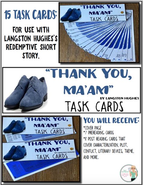 **FREE** Use these 15 task cards to analyze the engaging short story, "Thank You, Ma'am," by Langston Hughes. Engage students and let them delve into the story to discover figurative language, theme, characterization, cause and effect, compare and contrast, and much more. These task cards work perfectly for individual, small group, or whole class assignments, as during reading assignments or assessments, as interactive notebook pages or posters...the possibilities are endless. 8th Grade English, Best Short Stories, Notebook Pages, Langston Hughes, Ela Teacher, High School Ela, 6th Grade Ela, Middle Schoolers, Teacher Inspiration