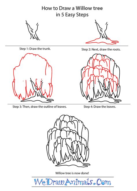 How to Draw a Willow Tree - Step-by-Step Tutorial How To Draw A Willow Tree Step By Step, How To Draw Willow Trees Step By Step, Willow Tree Painting Tutorial, Willow Tree Drawing Step By Step, Willow Tree Sketch, Tree Drawing Tutorial, Willow Tree Drawing, Tree Doodles, Draw Nature