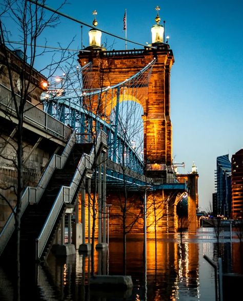 A picture of a brick bridge over a river, lit up at night time. Brick Bridge, Cincinnati Art, Travel Motivation, Ac Hotel, Downtown Cincinnati, Museum Hotel, Cincinnati Zoo, Red River Gorge, College Town