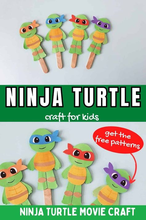 Ninja Turtle Craft. If your boy is obsessed with the Ninja Turtles, then he'll love making this cute Ninja Turtle craft. After creating the Ninja Turtle puppets, kids can act out their favorite Ninja Turtle adventures! Diy Teenage Mutant Ninja Turtle Party, Nickelodeon Arts And Crafts, Ninja Turtle Diy Decorations, Ninja Turtles Masks, Pin The Mask On The Ninja Turtle, Tmnt Free Printables, Ninja Turtle Crafts For Preschoolers, Ninja Turtles Room Ideas, Ninja Turtles Craft