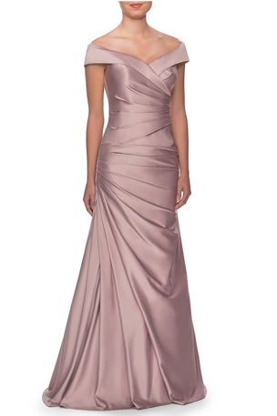 TZLTQ La Femme Off-the-Shoulder Ruched Satin Gown Events Dresses, Womens Evening Gowns, Short Casual Dress, Dresses Off The Shoulder, Gowns Elegant, Mother Of Bride Outfits, Mother Of The Bride Gown, Bride Outfits, Designer Evening Gowns