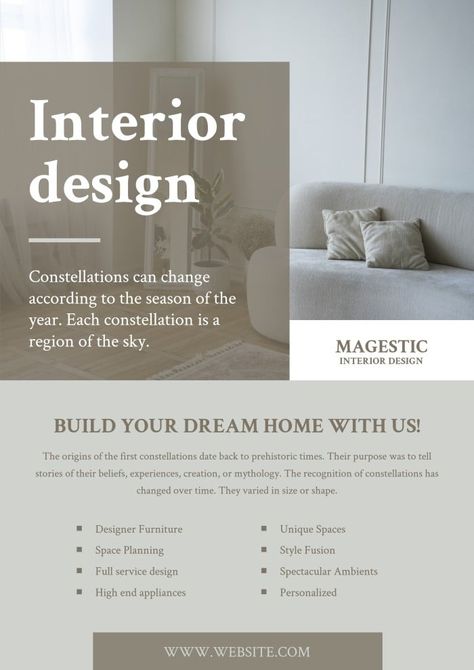 Minimalist Majestic Interior Design Poster Design Services Flyer, Jdm Interior, Interior Design Poster, Interior Design Presentation Boards, Service Poster, Interior Poster, Simple Interior Design, Retro Interior Design, Design Studio Logo