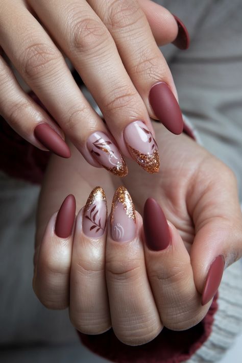 Embrace the beauty of autumn with these stunning fall nail ideas that feature delicate maple leaves dusted with shimmering glitter. The warm hues of red, orange, and gold mimic the vibrant foliage outside, while the glitter adds a magical touch that makes your nails truly pop. Perfect for cozy gatherings or a day out, these nails are sure to turn heads! Try this look and let your nails celebrate the season! Diwali Inspired Nails, Art Nouveau Nails, Fall Acrylic Nails Almond, Diwali Nails, Nails With Leaves, Short Fall Nail Designs, Short Fall Nail, Acrylic Nails Fall, Nails Real