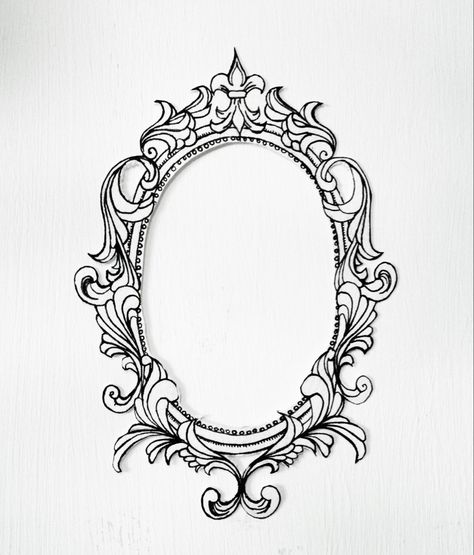 Frame Drawings Design, Ornamental Frame Drawing, Frame Border Tattoo, Antique Frame Tattoo Design, Tattoo Borders Frames, Cameo Frame Tattoo, Gilded Frame Tattoo, Flower Frame Tattoo Design, Picture Frame Tattoo Design