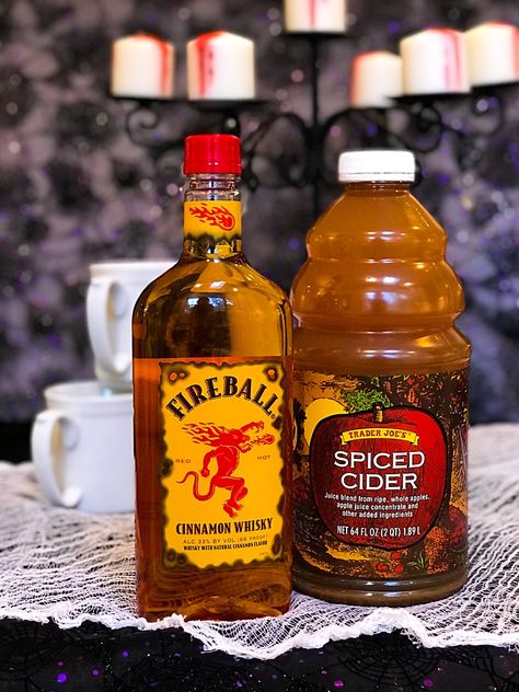 Spiked Apple Cider Fireball, Apple Cider And Fireball Drink, Spiked Hot Cider, Hot Apple Cider Spiked, Apple Cider Spiked, Fireball Cider, Spiked Cider Recipes, Hot Fall Drinks, Cider Drink Recipes