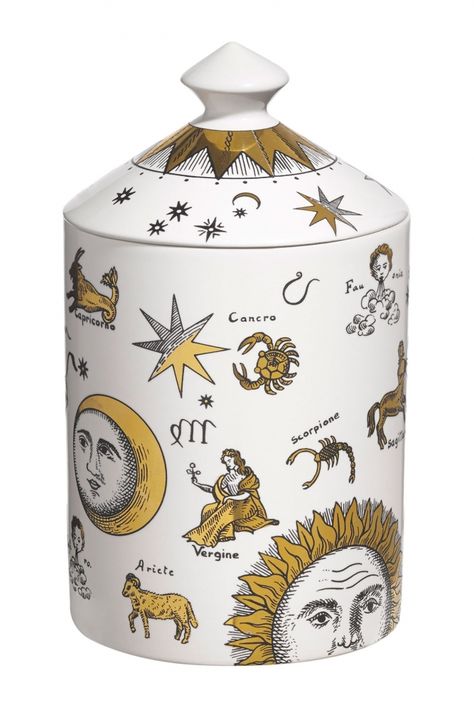 fornasetti-astronomici-scented-candle Fornasetti Candle, Lilin Aroma, Printed Candles, Piero Fornasetti, Designer Dog Collars, Scented Candles Luxury, Gold Candles, Luxury Pet, Arte Inspo