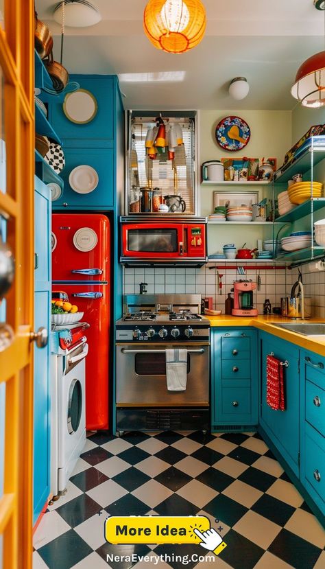 A vibrant kitchen with a mix of blue and yellow cabinetry, checkered floor, and eclectic decor, creating a lively and colorful cooking space. Retro Decor Ideas, Creative Kitchen Design, Eccentric Kitchen, Outdated Kitchen, Whimsical Kitchen, Colorful Backsplash, Mudroom Ideas, Dopamine Decor, Kitchen Fun