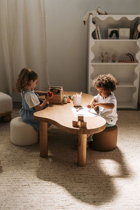 Premium Elm Wood Curvy Connections: Seamlessly connect two or three of these tables. Their ingenious design allows them to fit together perfectly,  Dimensions 131cm length  x 50cm height Kids Space In Living Room, Livingroom Toys, Playroom For Toddler, Kids Small Playroom Ideas, Montessori Interior, Luxury Playroom, Play Table For Kids, Boy Toddler Room, Kids Playroom Table