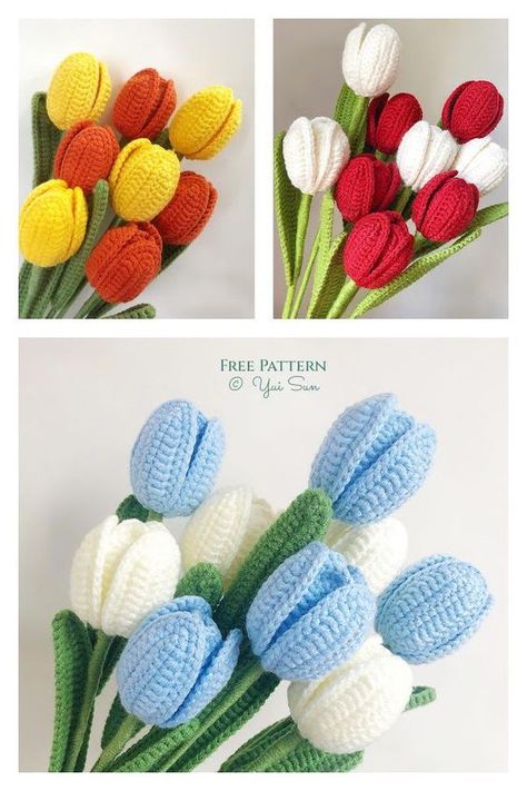 Easy Tulip Flower Free Crochet Patterns Crochet Flowers Easy, Crochet Flowers Free Pattern, Crocheted Flowers, Easy Crochet Projects, Crochet Tops Free Patterns, Crochet Plant, Beginner Crochet Projects, Crochet Flower Tutorial, Newborn Crochet