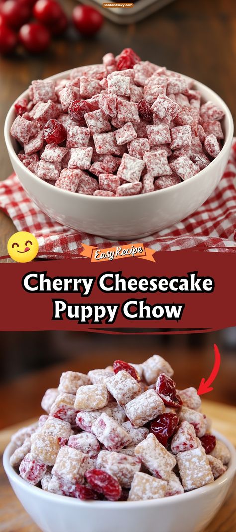 Enjoy a fun and festive twist on a snack favorite with Cherry Cheesecake Puppy Chow. This version mixes the flavors of cherry cheesecake into the classic puppy chow mix, coated with powdered sugar for a sweet and crunchy treat. #PuppyChow #CheesecakeFlavor #SnackTime Pudding Puppy Chow, Cherry Pretzel Dessert Recipes, Cheesecake Puppy Chow, Apple Pie Puppy Chow, Cherry Cheesecake Puppy Chow, Puppy Chow Bars, Puppy Chow Chex Mix Recipe Easy, Puppy Chow Variations, Cheap Potluck Ideas