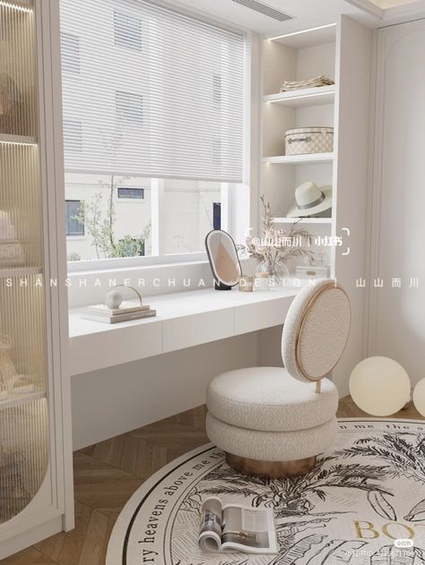 Makeup Vanity By Window, Built In Cabinet With Vanity Table, Under Window Dressing Table, Built In Dressing Table Under Window, Dressing Table Against Window, Table Under Window Bedroom, Vanity Table In Front Of Window, Built In Makeup Desk, Korean Vanity Table Aesthetic