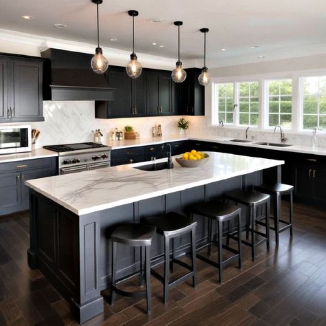 Dark Lowers And Light Uppers, Kitchen Remodel With Dark Floors, Dark Moody Kitchen Ideas, Bronze Fixtures Kitchen, Dark Floor Kitchen Ideas Color Schemes, Kitchen Brown Floor, Kitchens With Dark Floors, Kitchen Dark Floor, Gold Kitchen Backsplash