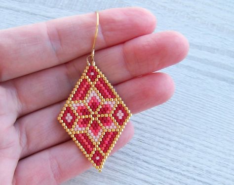 Geometric Flower Brick Stitch Earrings PDF Pattern, Red Ornament Native Rhombus Miyuki Delica Beaded Earring Pattern, Earrings PDF Pattern - Etsy Canada Miyuki Beaded Earrings, Delica Beaded Earrings, Brick Stitch Earrings Pattern, Brick Stitch Pattern Earring, Miyuki Earrings, Seed Bead Jewelry Patterns, Stitch Earrings, Stitch Jewelry, Beaded Earrings Diy