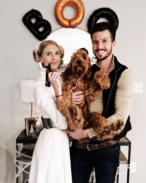 Halloween couple costume with dog Couple Costume With Dog, Costume With Dog, Halloween Couple Costume, Funny Couple Costumes, Couples Halloween Costumes, Unique Couple Halloween Costumes, Han Solo And Chewbacca, Best Couples Costumes, Halloween Couple