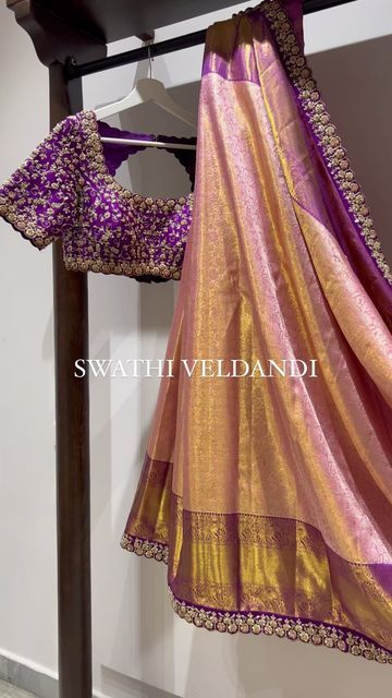 Latest Blouse Maggam Designs, New Wedding Saree Collection, Bridal Saree Designs Latest, Wedding Blouses Designs, Pattu Bridal Sarees, Sarees For Wedding Brides, Half Saree Blouse Maggam Work, Purple And Gold Saree, Saree Work Border