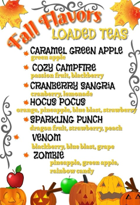 October Lotus Drinks, September Loaded Teas, Caramel Apple Loaded Tea, Halloween Lotus Recipes, Herbalife Chalkboard Menu Ideas, Fall Themed Loaded Teas, November Loaded Teas, September Loaded Teas Herbalife, November Herbalife Tea Recipes