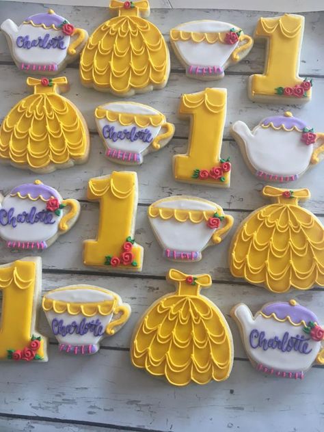 Birthday Ideas For Husband, Princess Belle Party, Belle Birthday Party, Beauty And Beast Birthday, First Birthday Cookies, Beauty And The Beast Theme, Birthday Cake For Husband, Belle Birthday, Princess Cookies