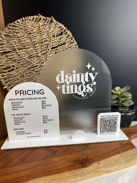 CUSTOMIZE THIS QR CODE & PRICING SIGN TO FIT YOUR NEEDS WITH YOUR LOGO, DESIRED COLORS, AND MORE! This two panel acrylic combo table top sign allows your guests to scan to pay or follow you on social media! It also has more than enough space to display your pricing and more! This pricing sign is approx. 14"W x 10.5"H and is made of 1/8" cast acrylic. It comes with an engraved or 3D logo and a two-layer base.  A proof will be sent to you for approval prior to production. TAT may vary depending on Custom Card Tables, Business Table Cards, Cricut Plexiglass Sign, Small Beauty Business Room, Custom Gifts Sign, Acrylic Store Signs, Pop Up Nail Shop, Eyelash Pop Up Shop Table, Acrylic Table Sign Holder Wedding