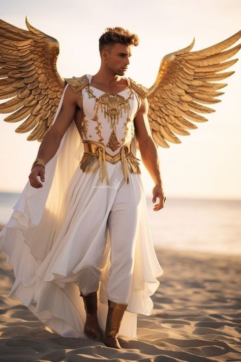 Angel Man Art, Angelic Outfits Male, Angel Outfit Male, Greek God Costume Male, Zeus Costume, Male Wedding Dress, Male Costumes, Greek God Costume, Gay Costume