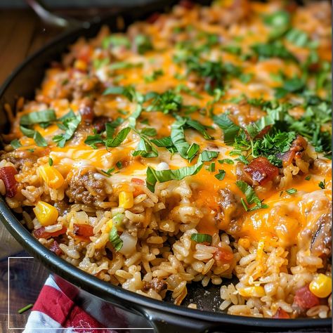 Skillet Cowboy Rice Casserole Cowboy Rice, Rice Skillet, Rice Casserole Recipes, Diced Green Chilies, Rotel Tomatoes, Rice Varieties, Canned Beans, Rice Casserole, Pinto Beans