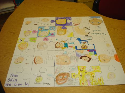 We read The Skin You Live in. Each classroom had students draw themselves and put the class puzzle together.  Great way to teach differences and celebrate those differences. The Skin You Live In Book Activities, Class Puzzle, Counseling Corner, Teacher Activities, Student Drawing, Teacher Things, The Class, All About Me!, Teacher Stuff