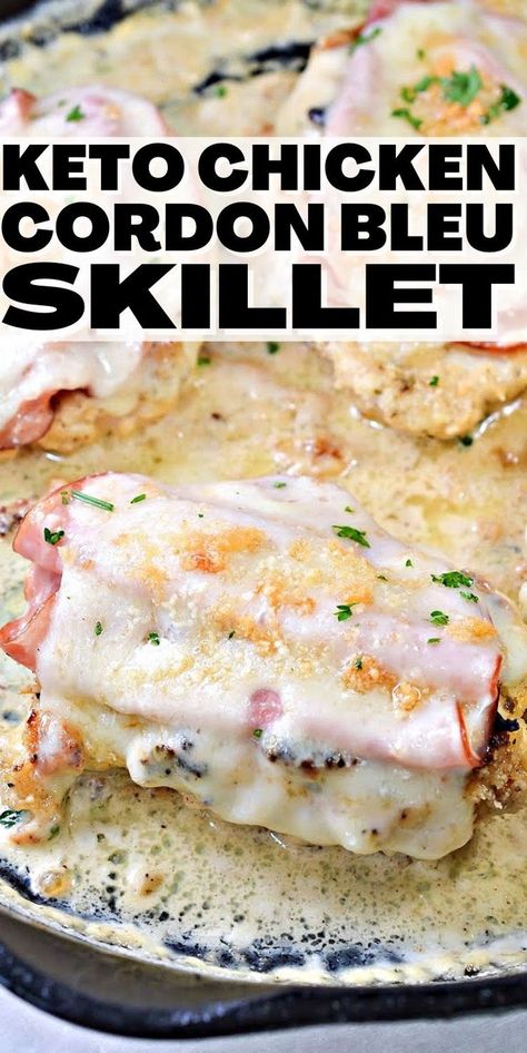 Keto Chicken Cordon Bleu Skillet - This keto chicken cordon bleu skillet is a complete family dinner. There are just 4 grams net carbs in each serving – leaving you plenty of carbs for sides. #keto #Ketorecipes #ketodiet #ketochickencordonbleu #chickencordonbleu #cordonbleu #chickenskillet #chickenrecipes #dinner #food #recipes