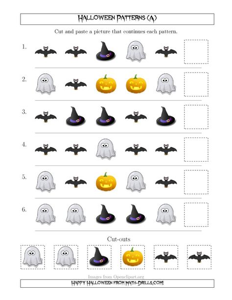 The Not-So-Scary Halloween Picture Patterns with Shape Attribute Only (A) Math Worksheet from the Patterning Worksheets Page at Math-Drills.com. Simple Addition Worksheets, Halloween Geometry, Halloween Subtraction, Halloween Word Problems, Scary Halloween Pictures, Halloween Multiplication, Halloween Math Worksheets, Learning Websites For Kids, Daycare Room