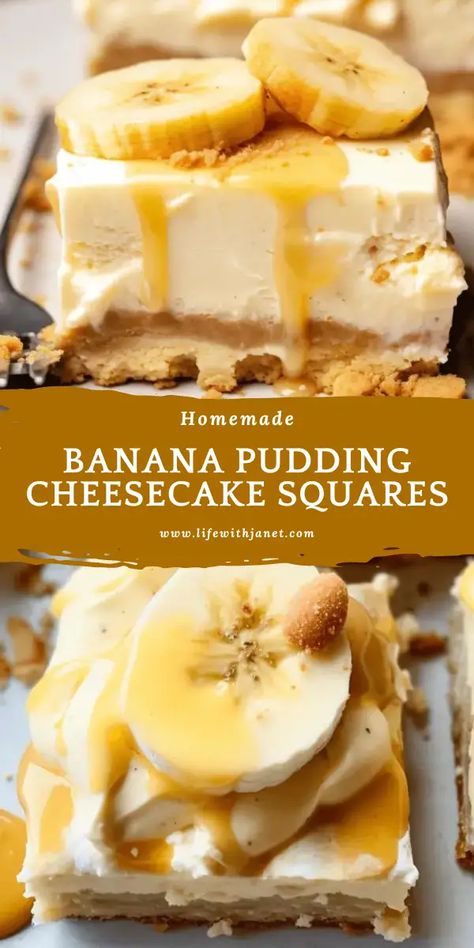 Banana Pudding Cheesecake Banana Pudding Cheesecake Squares are a delicious and easy-to-make dessert that combines the rich flavors of cream cheese and sweetened condensed milk with the sweet and tangy taste of mashed bananas, all on top of a crunchy graham cracker crust. Easy On The Go Desserts, Try New Recipes, Desserts To Make With Boyfriend, Dessert Recipes With Few Ingredients, Desserts For The Office, Fruity Baked Goods, Dessert With Chili Dinner, Quick Refreshing Desserts, Thanks Giving Recipes Dessert