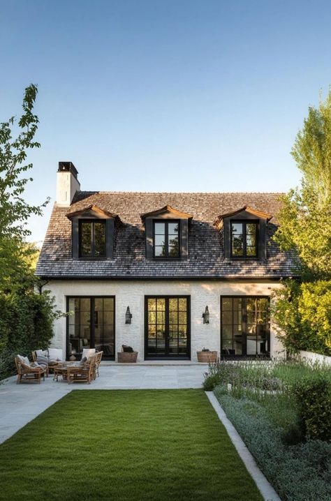 Check out all of these charming and sophisticated modern French country houses with their captivating exterior. Cedar Shake And Stucco Exterior, Exterior House Dormers, Luxury Custom Homes, French Inspired House Exterior, French Modern Tudor House, French Country Modern Interior, 1 5 Story House Exterior, Modern French Country Backyard, European Country Exterior