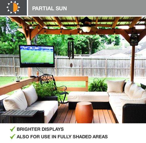 Outdoor Tv Corner Mount, Patio Furniture Layout With Tv, Pergola With Tv Wall, Patio Tv Ideas Backyards, Tv Outside Patio, Backyard Tv Ideas, Backyard Tv Ideas Patio, Outdoor Television Ideas Patio, Pergola With Tv