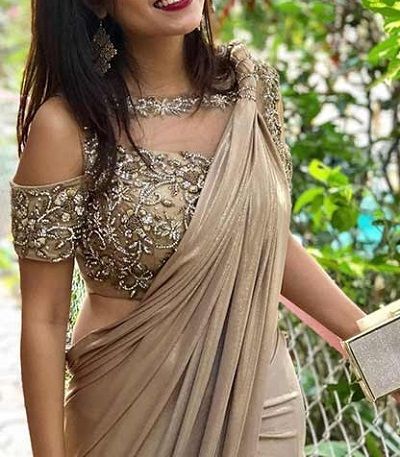 Latest Cold Shoulders Blouse Designs Golden Blouse Designs Latest, Saree With Golden Blouse, Cold Shoulder Saree Blouse, Cold Shoulder Blouse Designs, Golden Blouse Designs, Net Saree Blouse Designs, Net Saree Blouse, Plain Sarees, Saree Jacket Designs