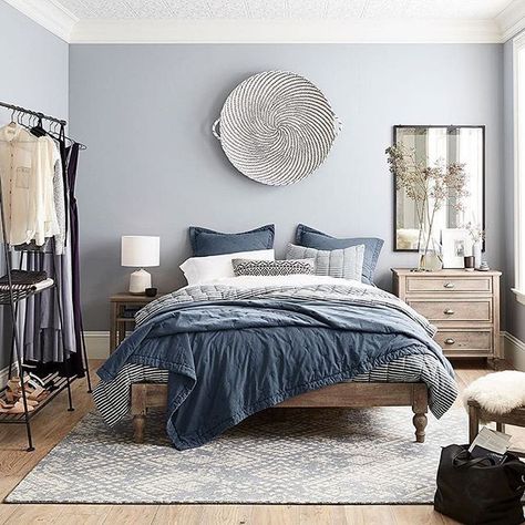 Chambray all day 💙🙌  . .  .  .  .  #pbapartment #mypotterybarn #citylife #urbanliving #smallspaces #apartmentstyle #interiors #interiordesign #designinspo Dekorasi Kamar Tidur, 아파트 인테리어, Space Furniture, Blue Bedroom, Master Bedrooms Decor, The Bedroom, Blue Walls, Bedroom Colors, Bed Room