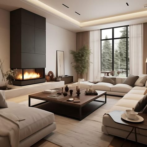 Modern Open Plan Living Room, Living Room Brown Floor, Contemporary Small Apartment, Living Room Open Plan, Contemporary Minimalist Living Room, Modern House Living Room, House Design Luxury, Dark Wood Living Room, Cupboard Living Room