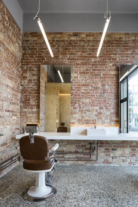 ANK , Luca Casonato · Officina del capello. San Donà di Piave, Italy Barbershop Design Interior, Hair Salon Names, Best Barber Shop, Barber Shop Interior, Salon Lighting, Barber Haircuts, Hair Salon Design, Small Cafe Design, Barbershop Design