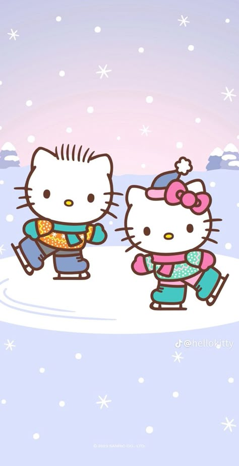 Winter Wallpaper Hello Kitty, Hello Kitty Ice Skating, Sanrio Cute Wallpaper, Hello Kitty Winter Wallpaper, Sanrio Winter Wallpaper, Hello Kitty And Dear Daniel, Hello Kitty Winter, Christmas Sanrio, Christmas Wallpaper Ipad