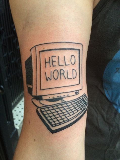 "Hello World" by Louis Brengard, Black Square Tattoo, Brooklyn NY Programming Tattoo Ideas, Black Square Tattoo, Square Tattoo, Tech Tattoo, Tattoo Templates, World Tattoo, Small Hand Tattoos, Hair Tattoos, Music Tattoos