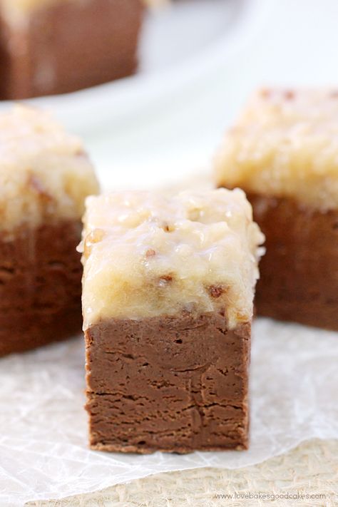 This German Chocolate Fudge will be the talk of the holidays! Thick chocolate fudge topped with a gooey coconut pecan icing! #SweetenYourSeason #IC #ad German Chocolate Fudge Recipe, German Chocolate Fudge, Chocolate Fudge Topping, Cake Batter Fudge, Best Fudge Recipe, Butterscotch Blondies, Coconut Pecan Frosting, Fudge Recipes Easy, Coconut Pecan