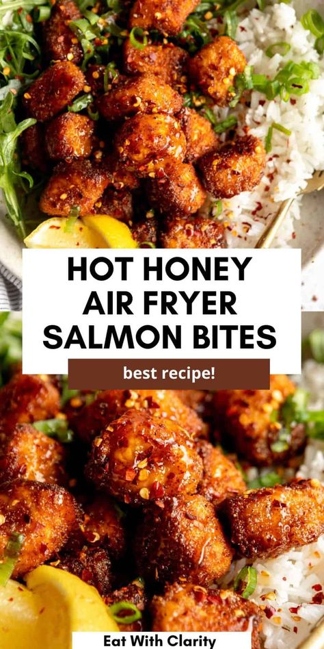 This hot honey air fryer salmon is easy to make, crispy, and perfect for a healthy dinner. These air fryer salmon bites are perfect in bowls or served as is. Hot Air Fryer Recipes Healthy, Hot Honey Salmon Bites, Honey Salmon Bites, Hot Honey Salmon, Salmon Bites Recipe, Gluten Free Recipes Side Dishes, Quick Vegetarian Dinner, Quick Appetizer, Air Fryer Salmon