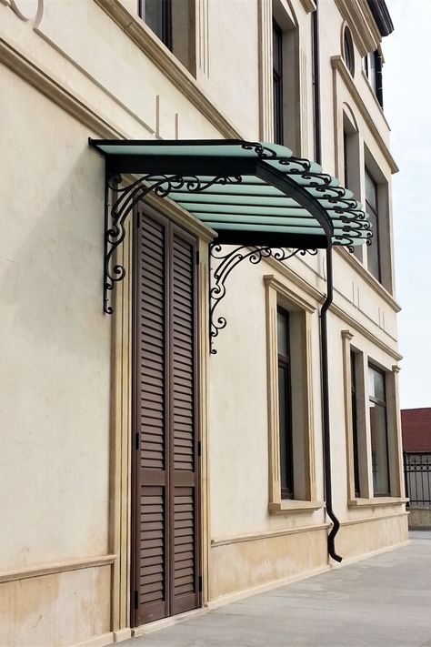 Wrought iron awning for pedestrian entrance, Balchik, Bulgaria. Intricate swirl structure design and frozen glass roof. Iron Awning, Wrought Iron Awning, Buffet Counter, Canopy Ideas, Aluminum Awnings, Metal Awning, Glass Canopy, Boost Curb Appeal, Lake Houses Exterior