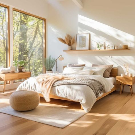 Japanese Bedroom Design, Scandinavian Interior Living Room, Scandinavian Bedroom Decor, Airy Bedroom, Natural Bedroom, Minimal Bedroom, Decor Ideas Bedroom, Bed Design Modern, Scandinavian Bedroom