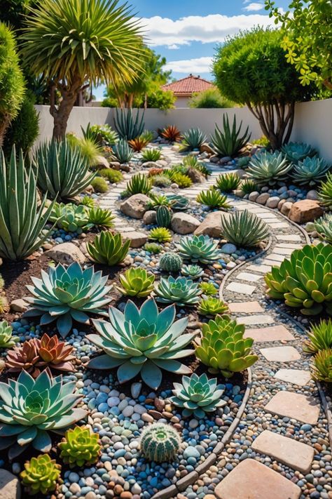 Rockscape Backyard, Cacti And Succulents Garden, Rock And Succulent Garden, Garden With Pots Landscaping, Succulent Landscape Design Backyards, Succulant Planting Ideas Garden, Dessert Garden Landscape, Succulent Gardens Outdoor, Succulent Garden Design Outdoors