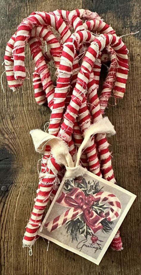 Primitive Farmhouse Candy Canes Candy Cane Diy, Diy Candy Cane, Primitive Tree, Mini Christmas Ornaments, Primitive Fabric, Candy Christmas Tree, Farmhouse Ornaments, Glitter Candles, Candy Cane Ornament