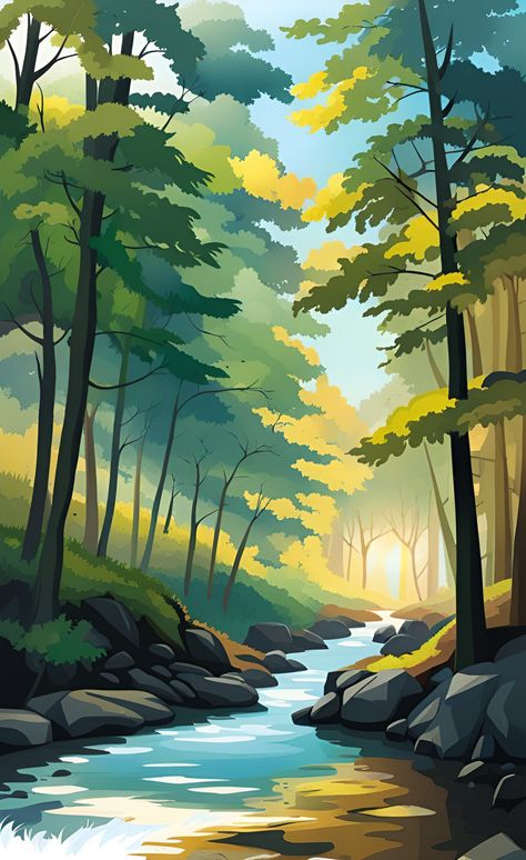 Forest Digital Illustration, Gouache Illustrations Landscape, Forest Background Drawing, Forest Scape, Sea Illustration Art, Nature Illustration Art, Trees Illustration, Forest Drawing, Illustration Nature