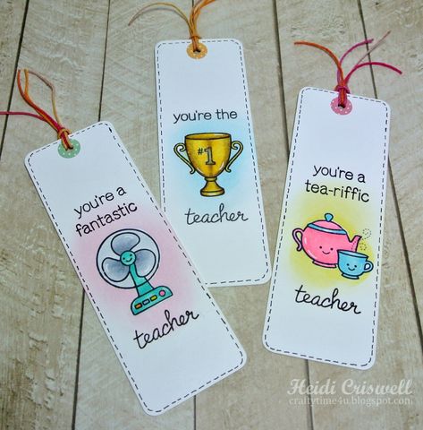 MarkerPOP Blog Teachers' Appreciation Book Marks - MarkerPOP Blog/LF stamps Handmade Teachers Day Cards, Presentation Ideas For School, Handmade Bookmarks Diy, Teachers Day Card, Tea Riffic, Creative Bookmarks, Bookmark Craft, Lawn Fawn Stamps, Teachers Day Gifts