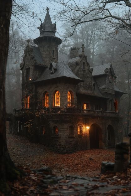 Haunted house in gothic style | AI-generated image Haunted House In The Woods, Haunting At Hill House, Small Castle Concept Art, Black Gothic House Exterior, Tiny Gothic House, Haunted Houses Aesthetic, Creepy House Aesthetic, Steam Punk House, Haunted House Exterior