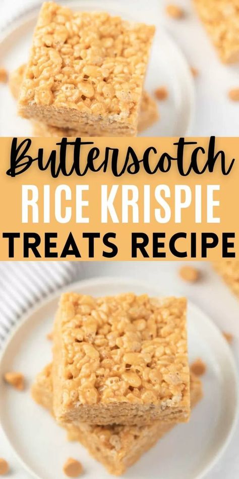 Butterscotch Rice Krispie Treats - only 4 ingredients Butterscotch Rice Krispie Treats, Butterscotch Rice Krispies, Easy Rice Krispie Treats, Gf Bars, Homemade Rice Krispies, Rice Crispy Bars, Crispy Treats Recipe, Butterscotch Recipes, Rice Krispie Treats Recipe